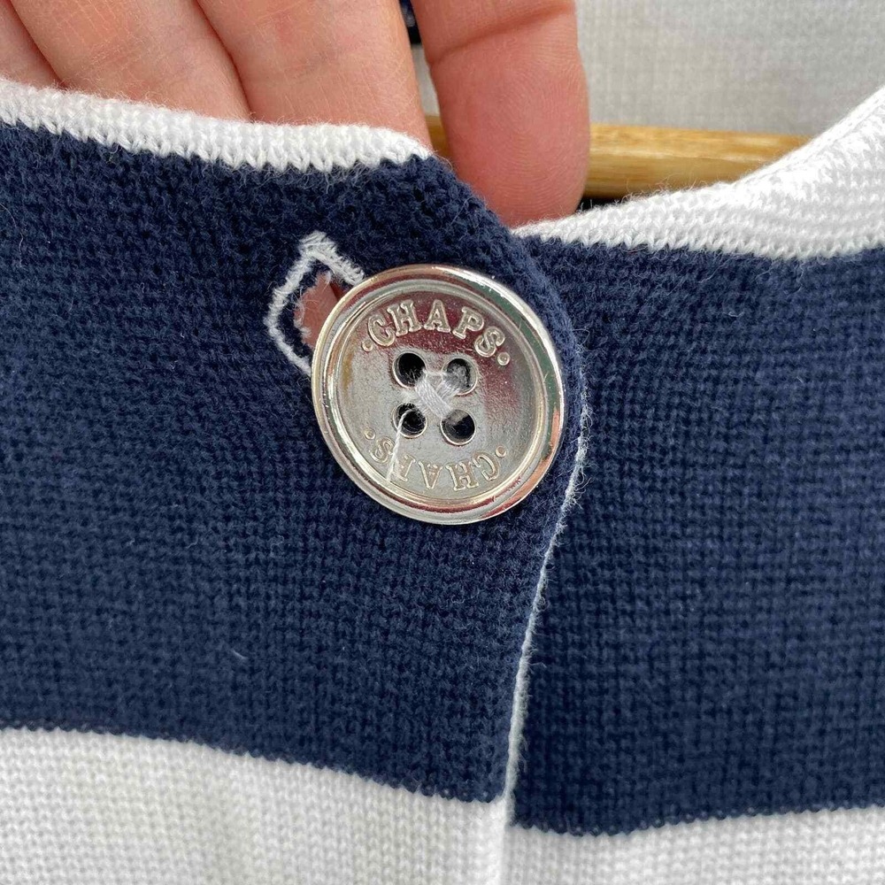 Chaps Cardigan Sweater Petite Medium White Blue Nautical Pockets Button Front - Picture 5 of 8
